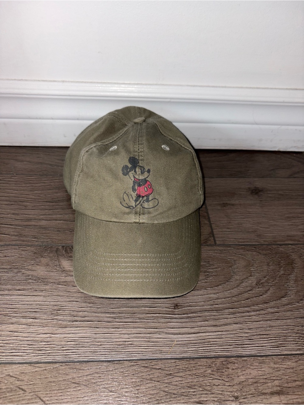 Vintage Disney Parks Olive Green Mickey Mouse Baseball Cap with Red Detail
